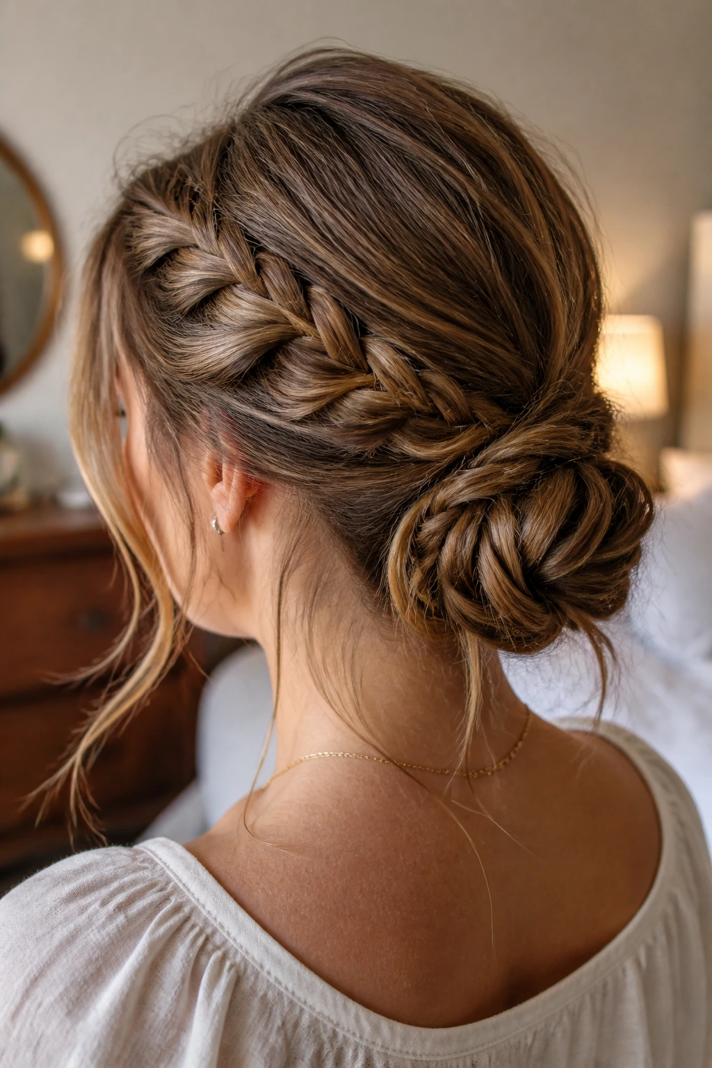 Close-up of a low braided bun with loose ends on a real person