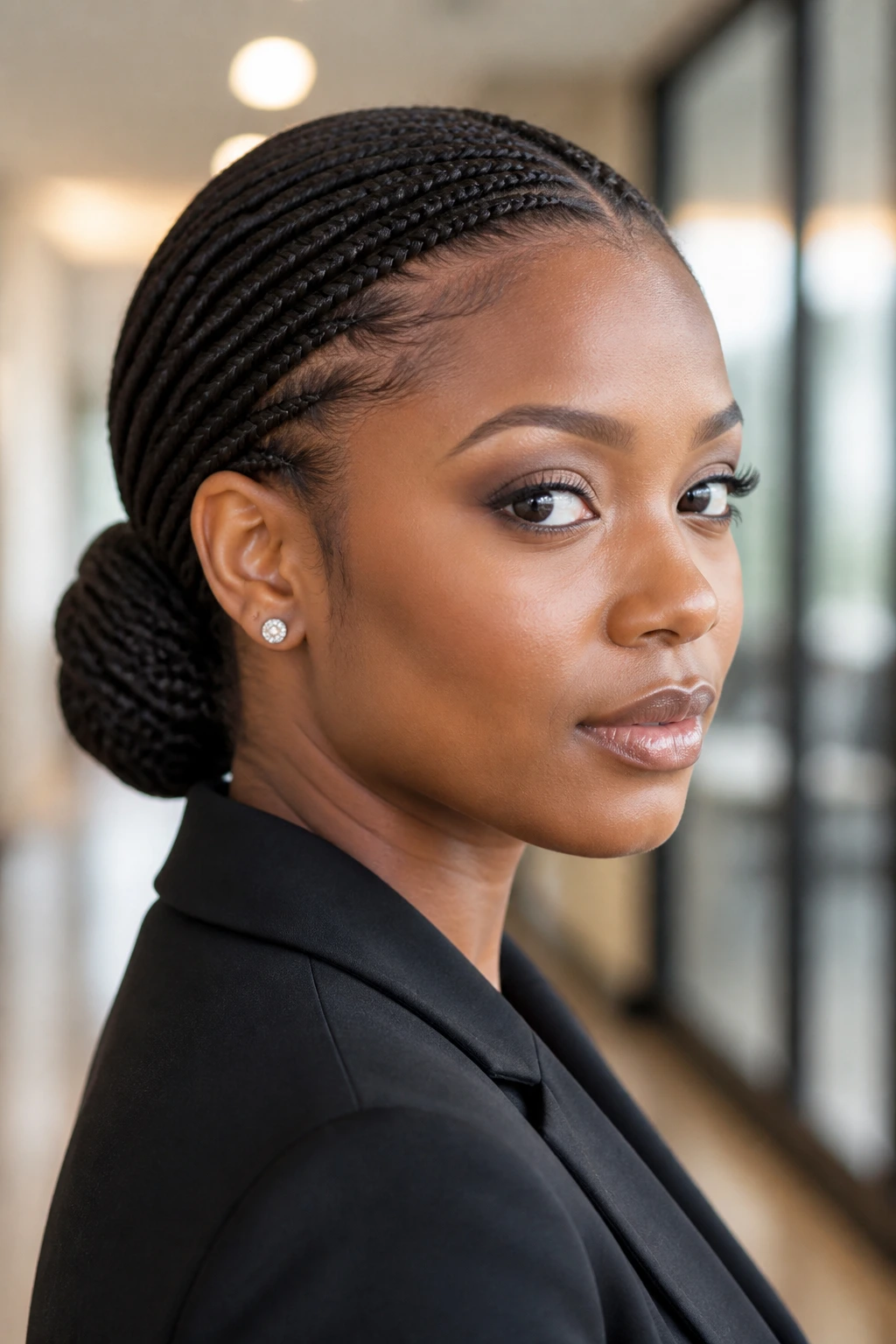 Close-up of a woman with a low braided bun at the nape of the neck in an office setting