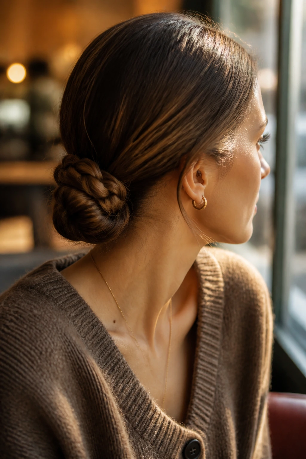 Close-up of a real woman with a low braided bun at the nape, wrap hides elastic.