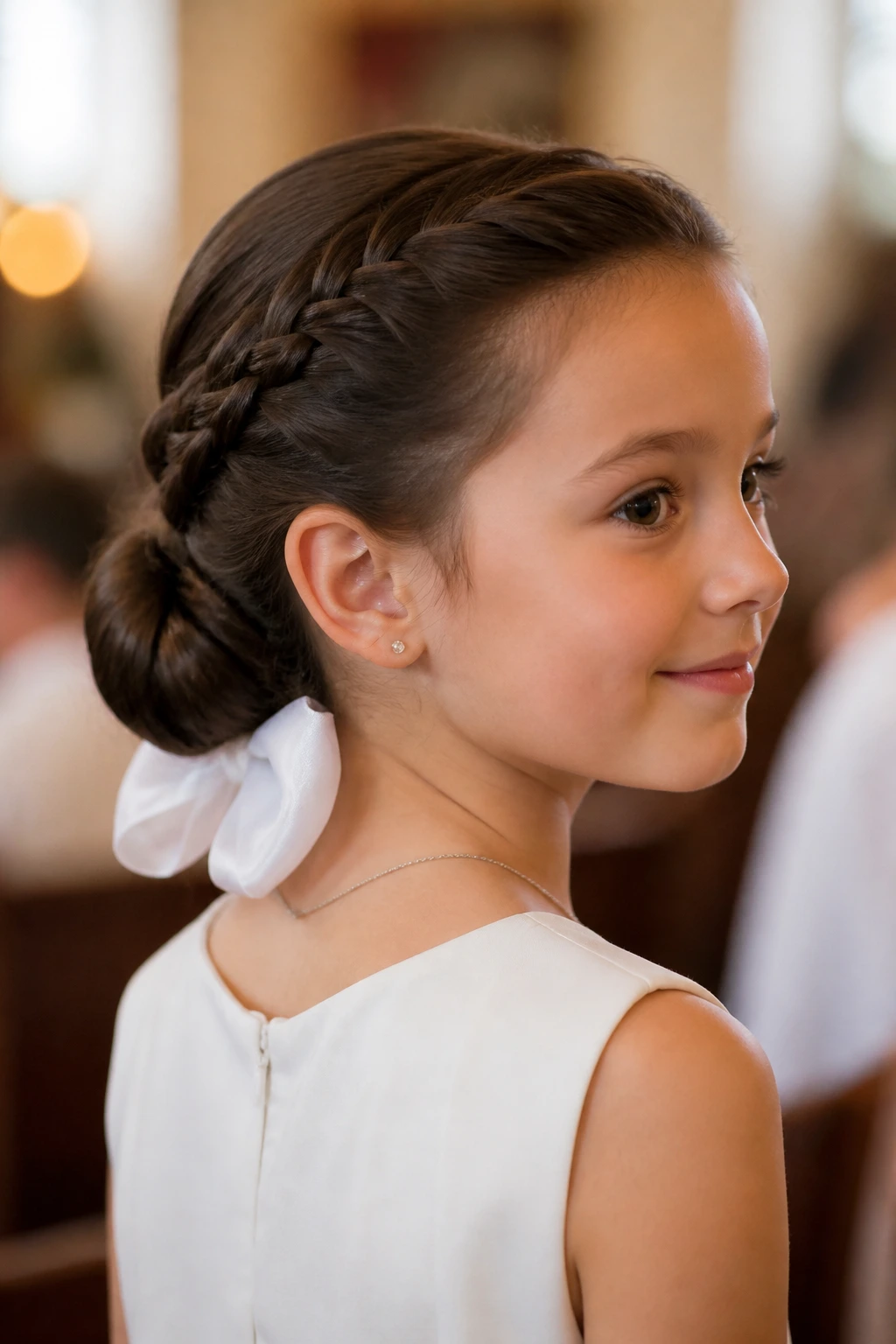 Close-up of a real child with a low braided bun and satin bow in a church hall setting