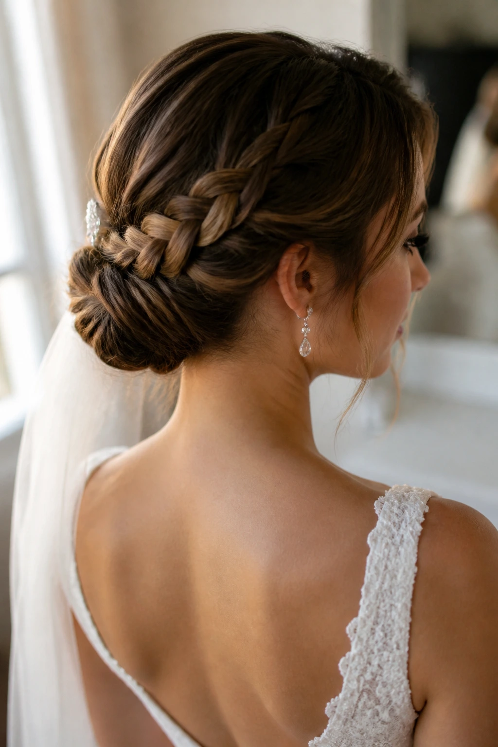 Close-up of bride with a low braided chignon at the nape