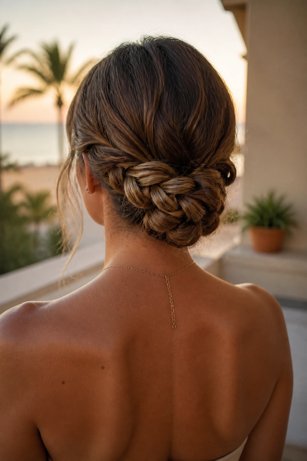 Back view of a woman with a low braided chignon at the nape