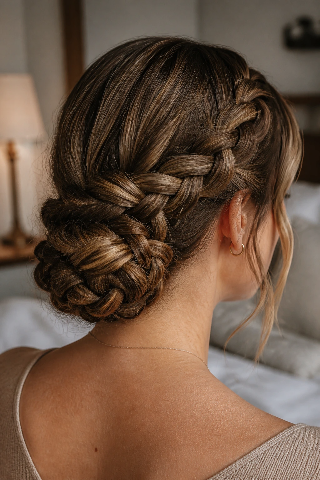 Rear three-quarter close-up of a real woman with a low braided chignon at the nape.
