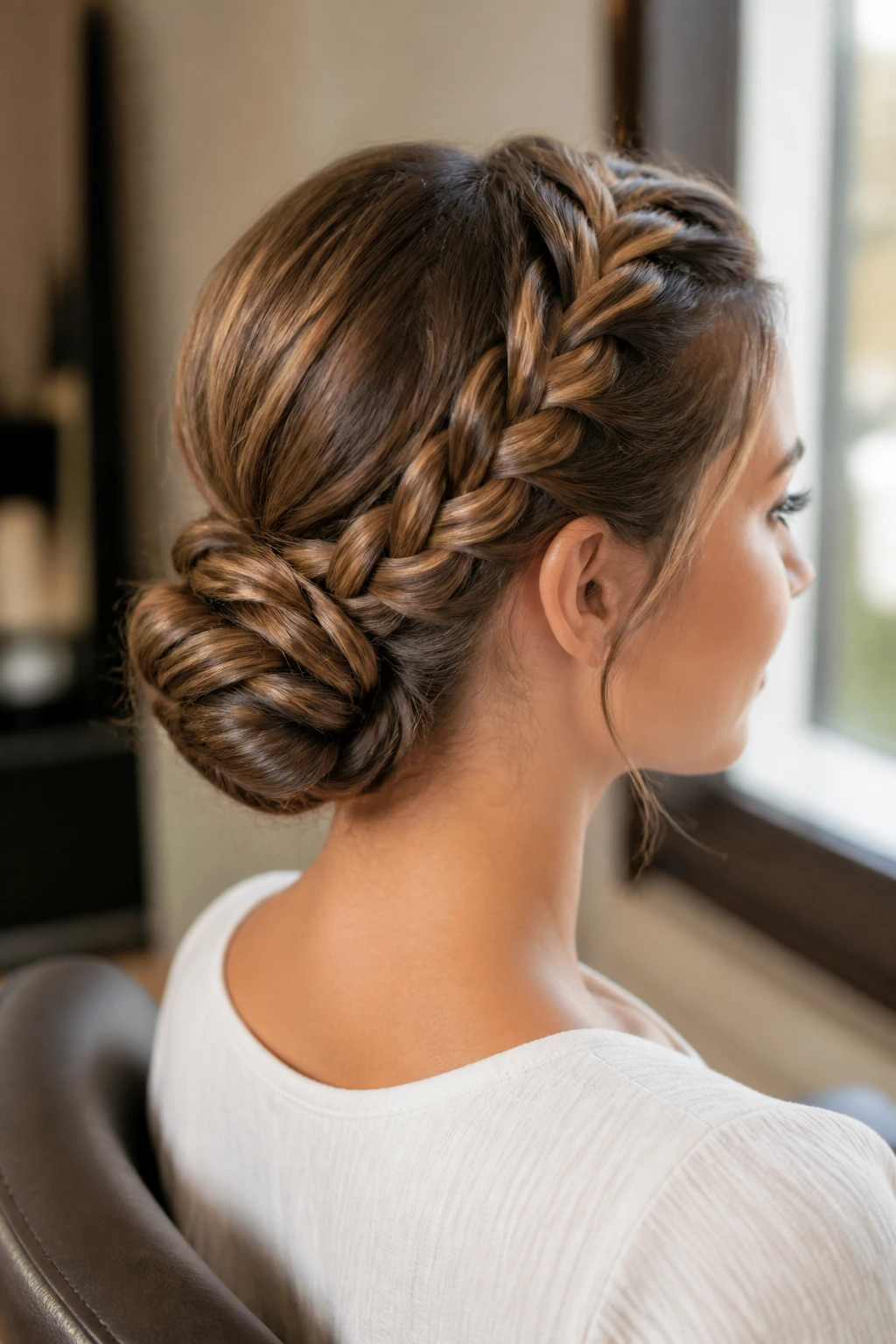 Real woman with low braided crown and chignon in soft studio-like light near a window.