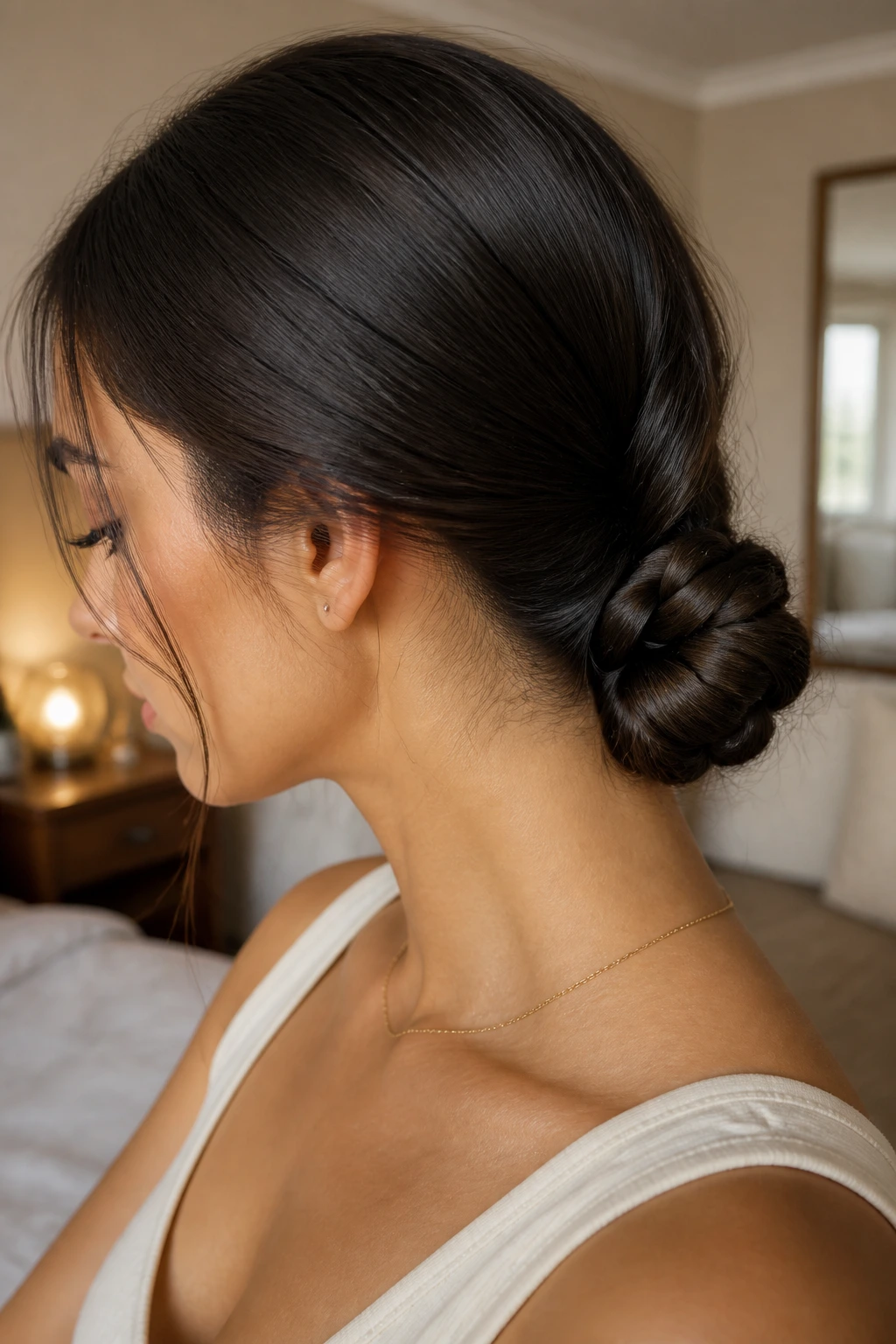 Real woman with a low braided knot at the nape.