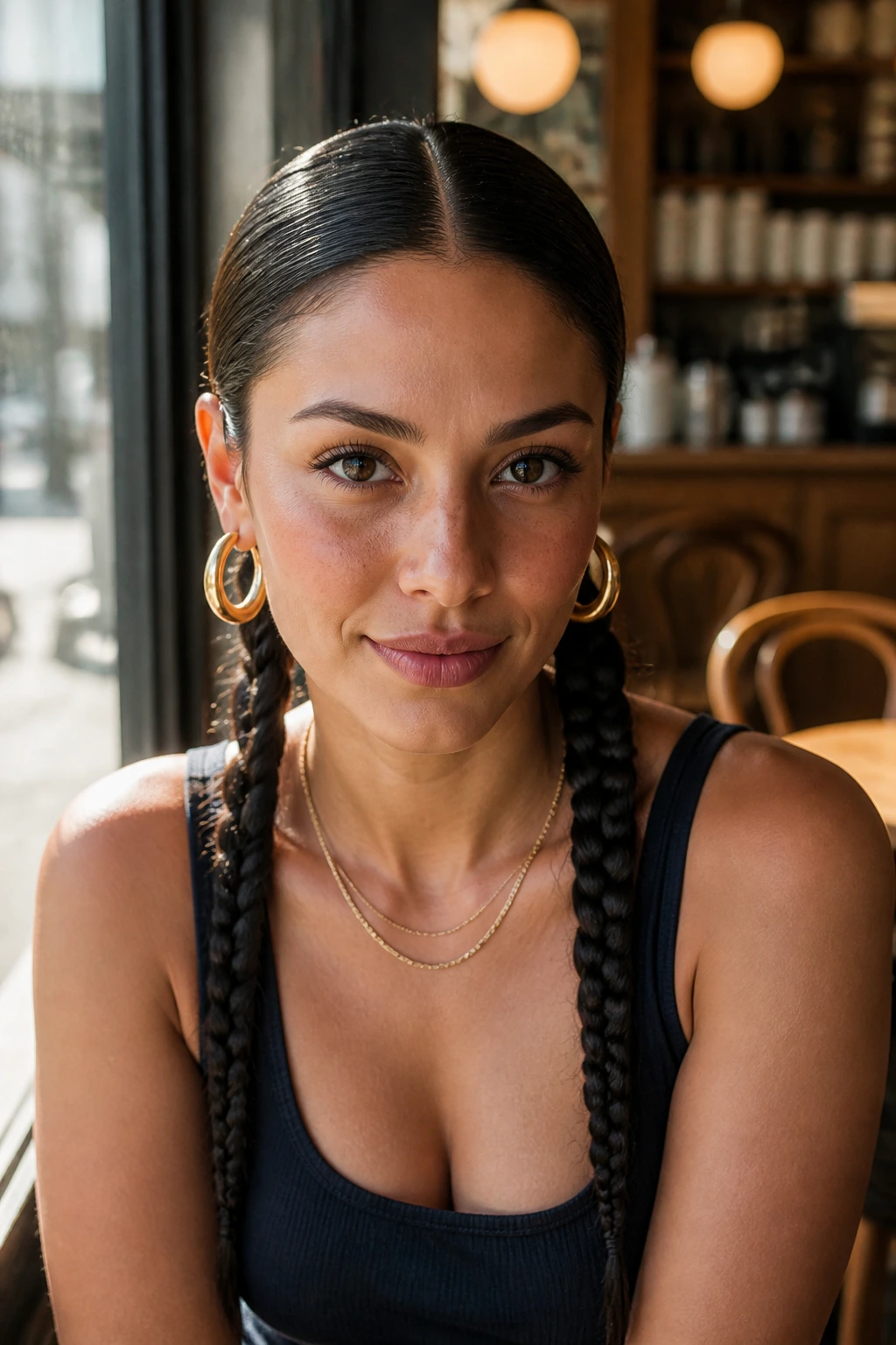 Real woman with low braided pigtails hairstyle