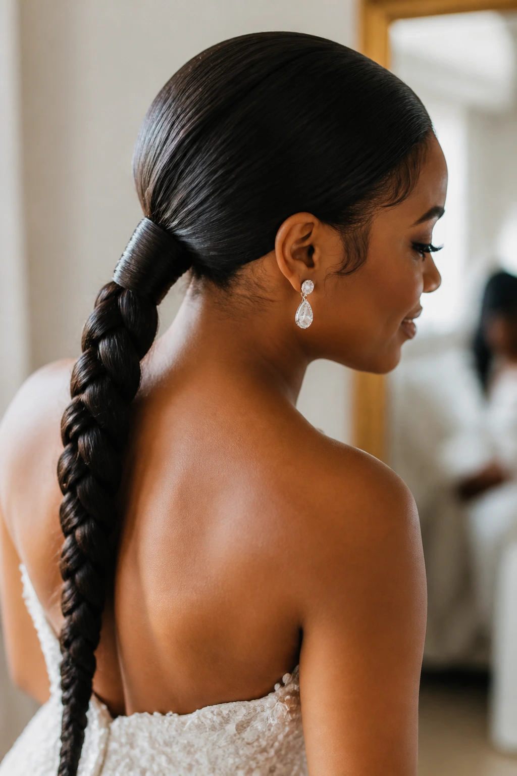 Close-up of a bride with a low braided ponytail at the nape with wrapped base in bridal dressing room