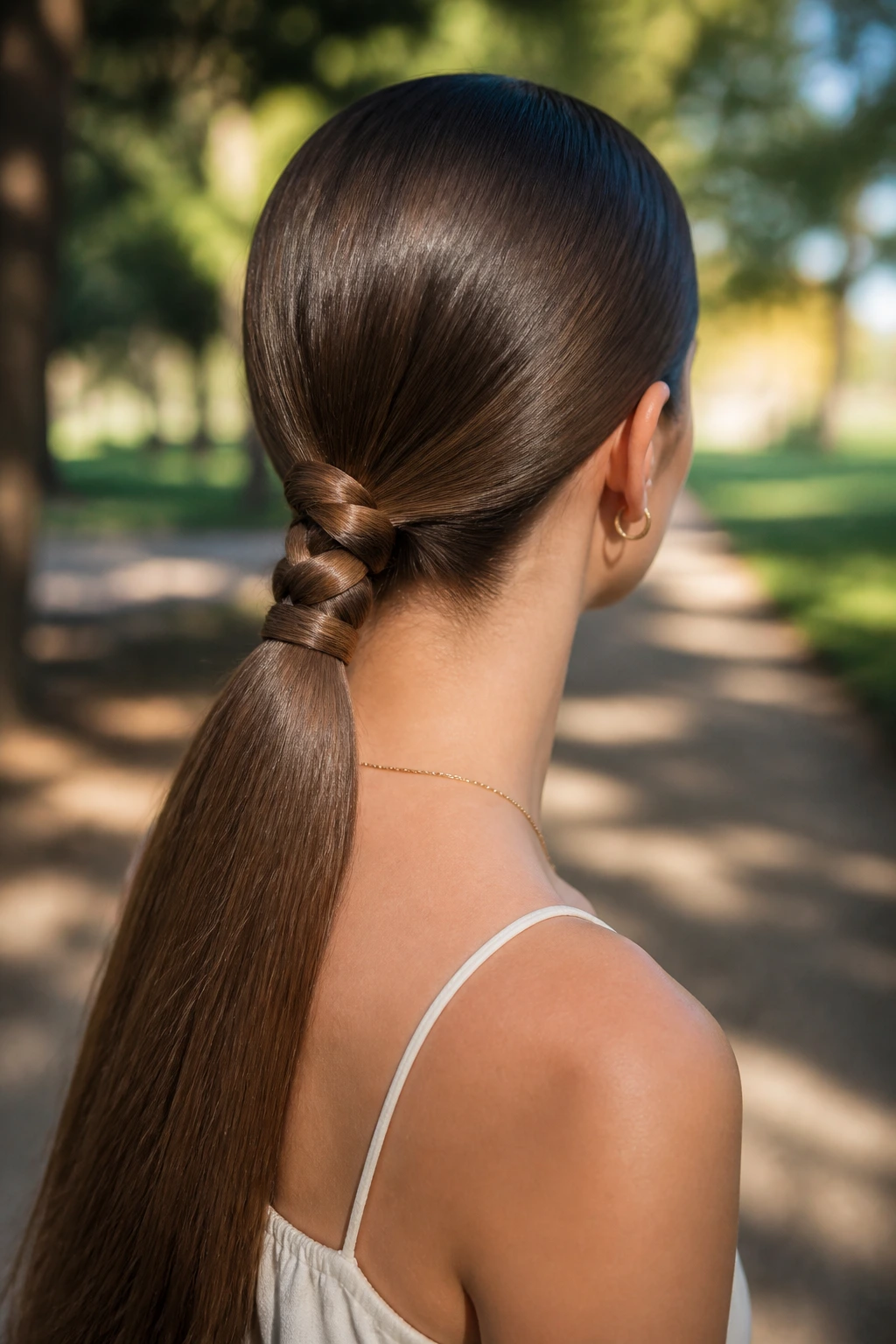 Back view of a real woman with a low braided ponytail.