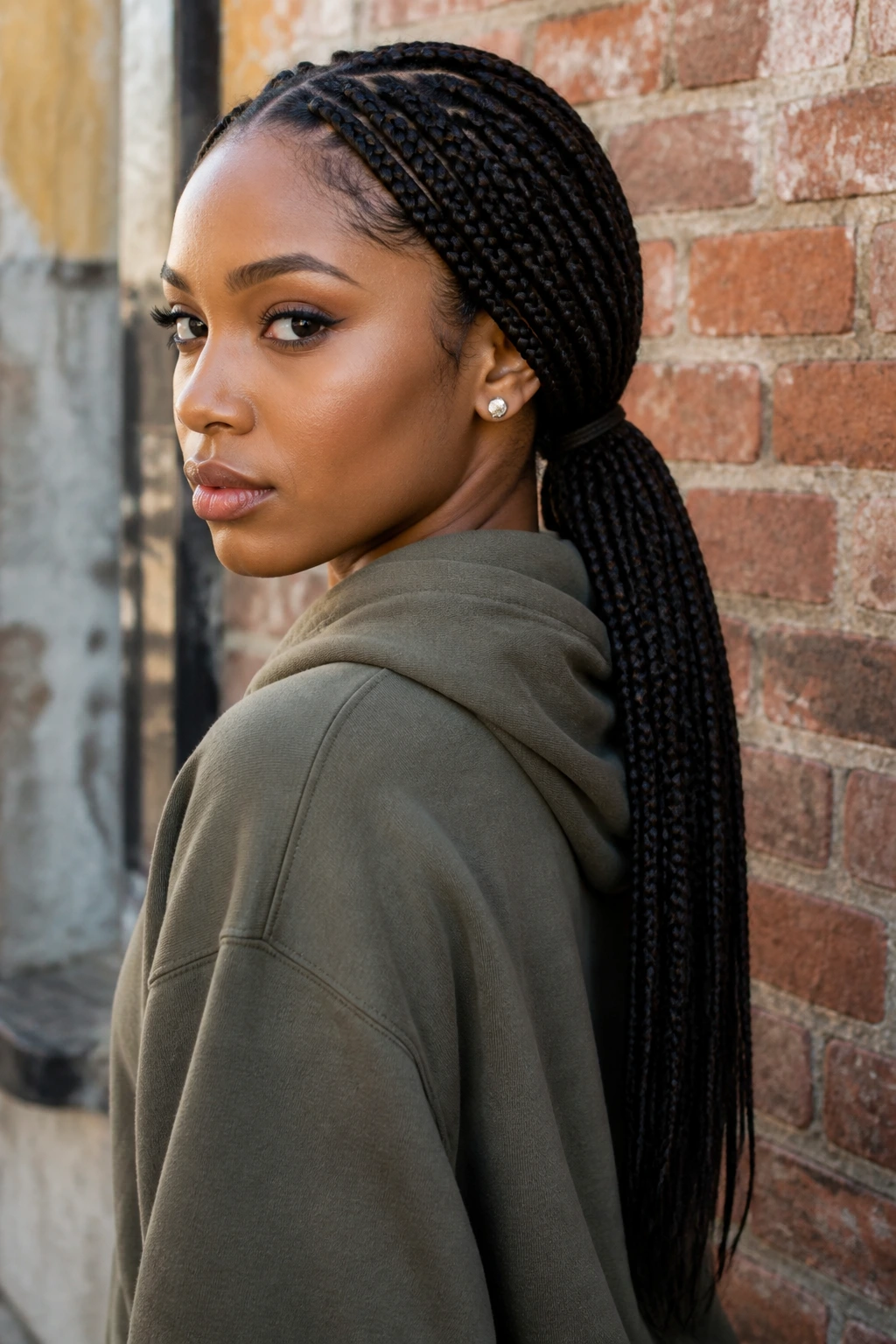 Portrait of a real woman with a low braided ponytail at the nape.