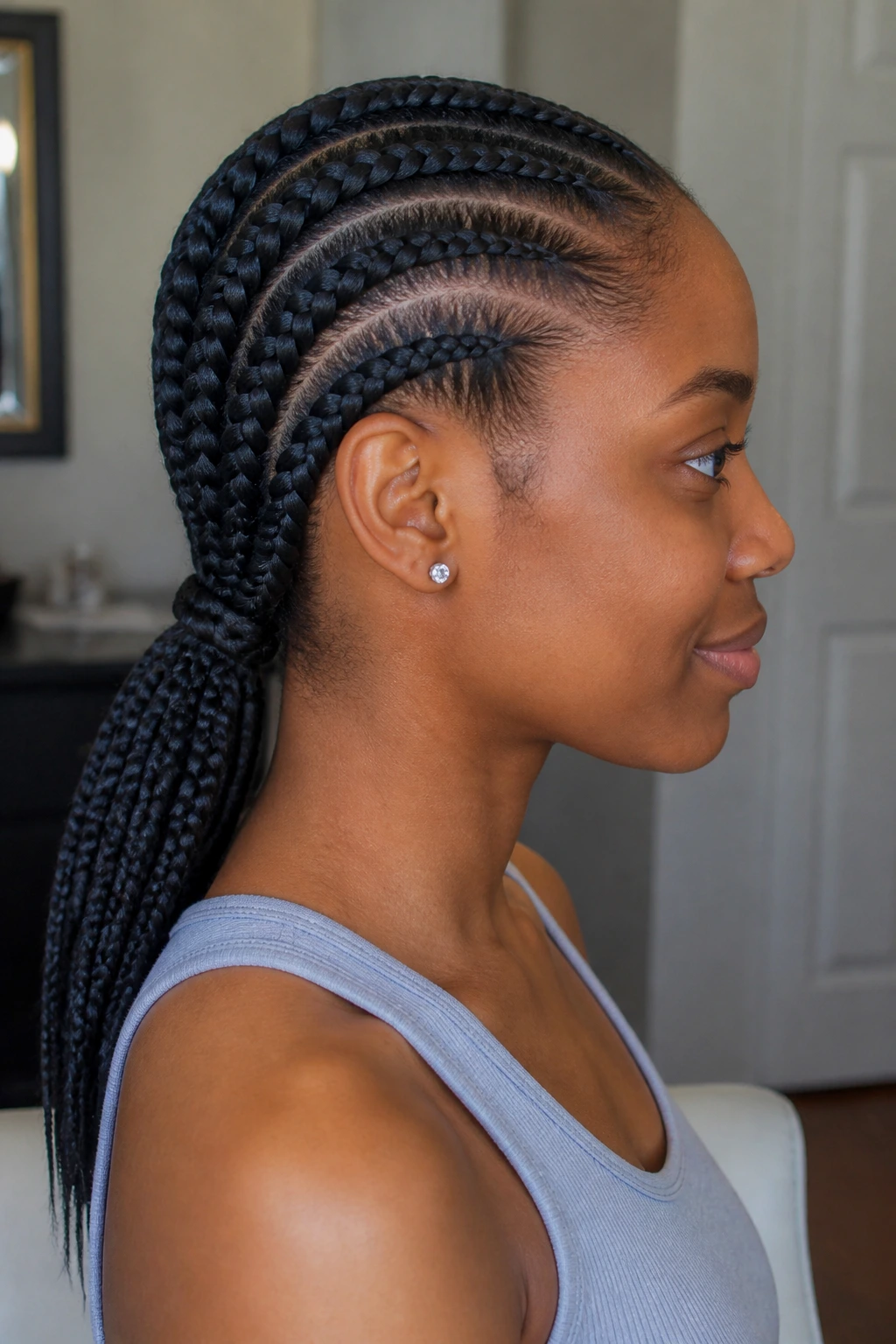Real person with low feed-in braided ponytails and a neat neck silhouette