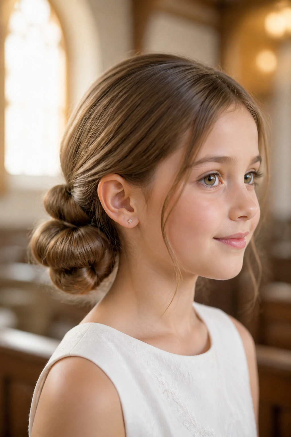 Portrait of a girl with a low bubble bun at the nape in warm church hall light