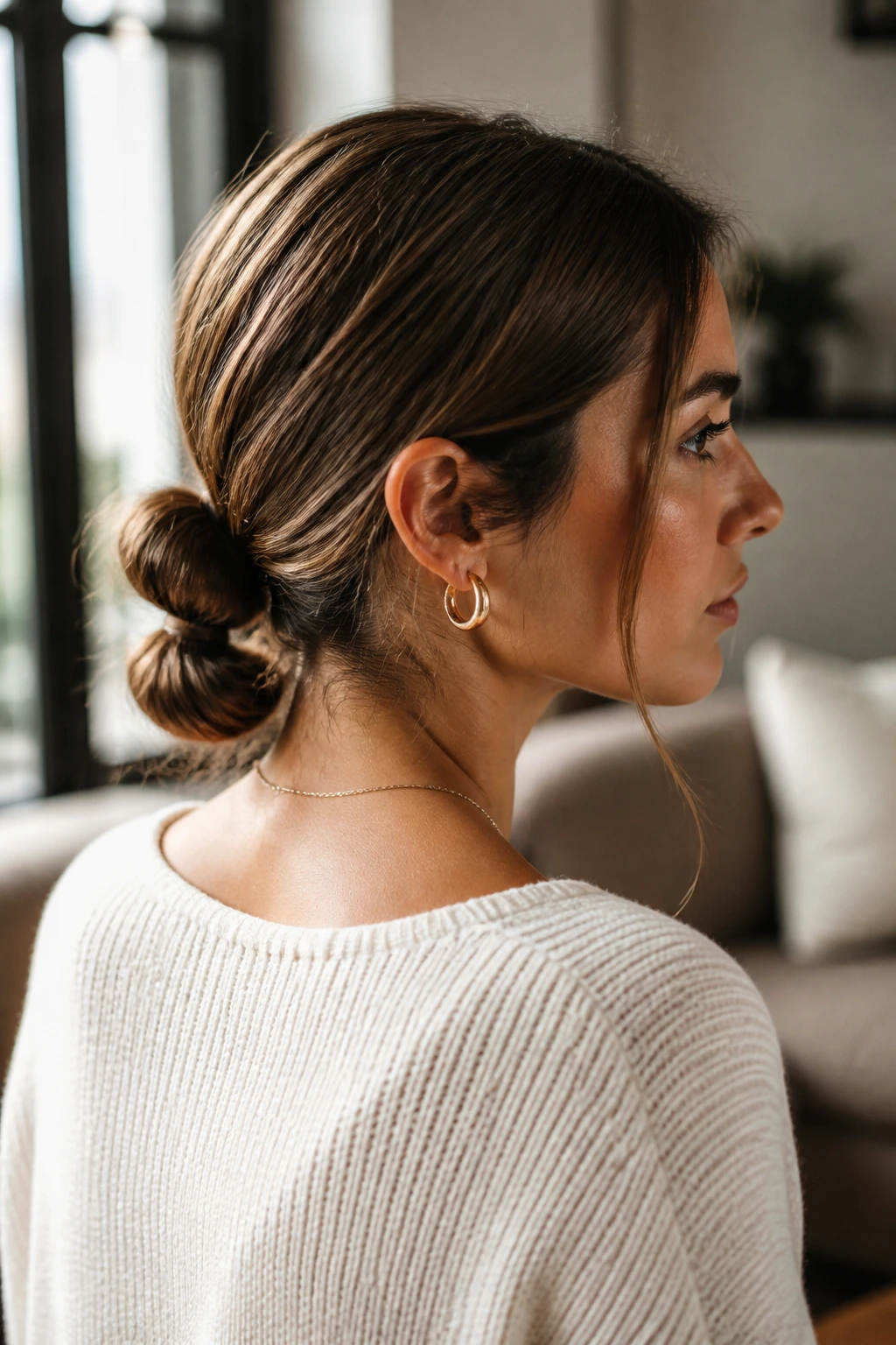 Real woman with a low bubble bun at the nape, soft indoor lighting.