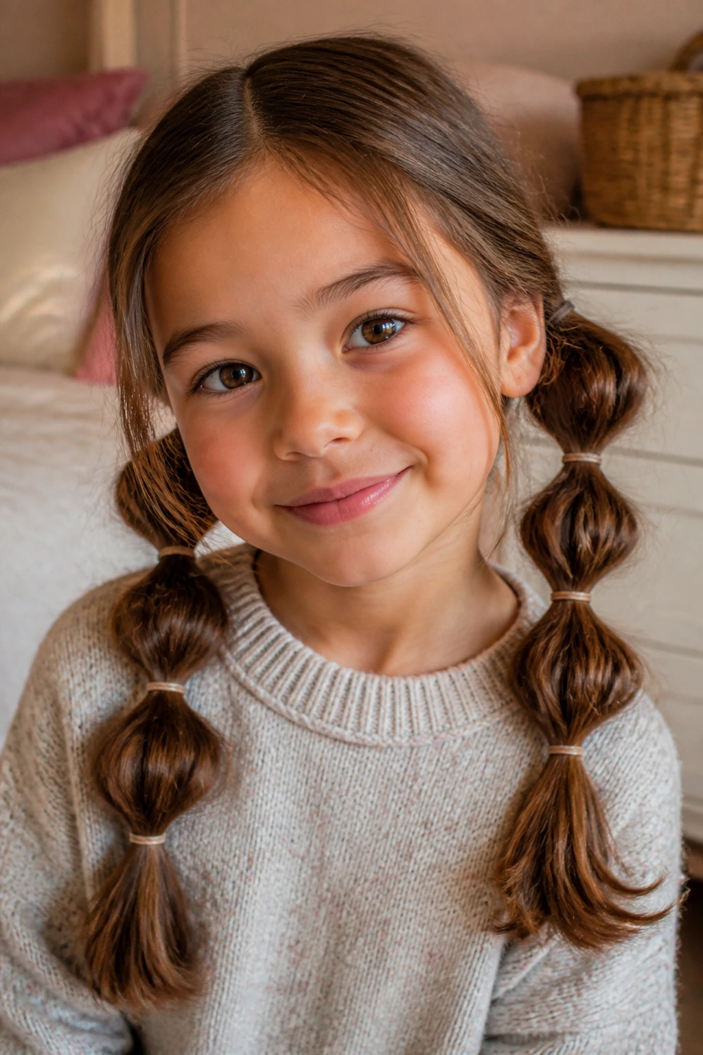 Close-up of a real girl with low bubble pigtails