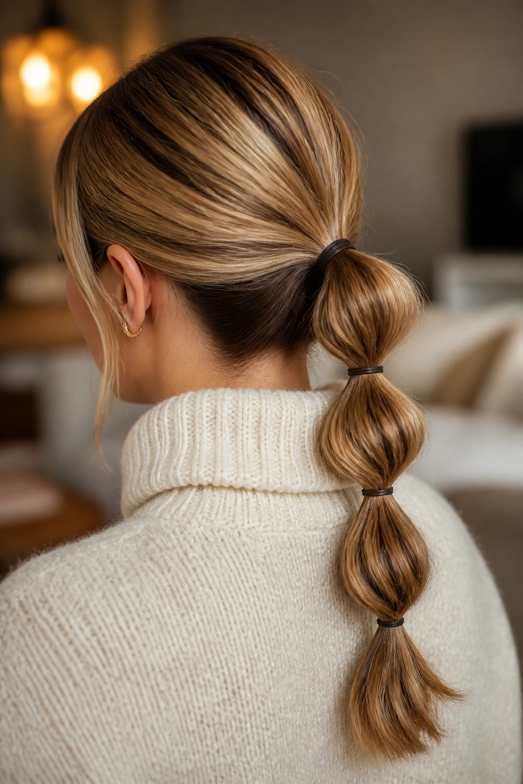 Person with low bubble ponytail in cozy knitwear