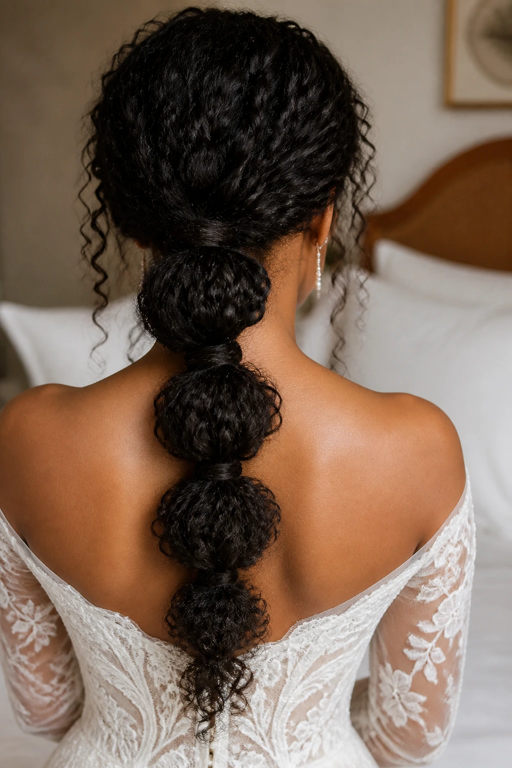Back view of bride with low bubble ponytail on curly hair