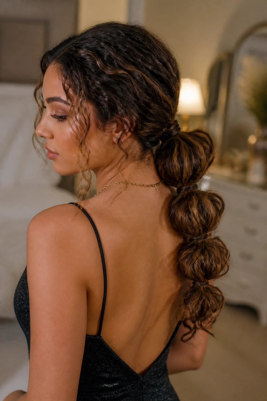 Close-up of a real woman with a low bubble braid ponytail under warm bedroom lighting