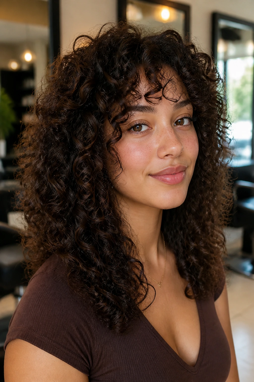 Close-up of a real woman with a long low-bulk curly hairstyle in a salon