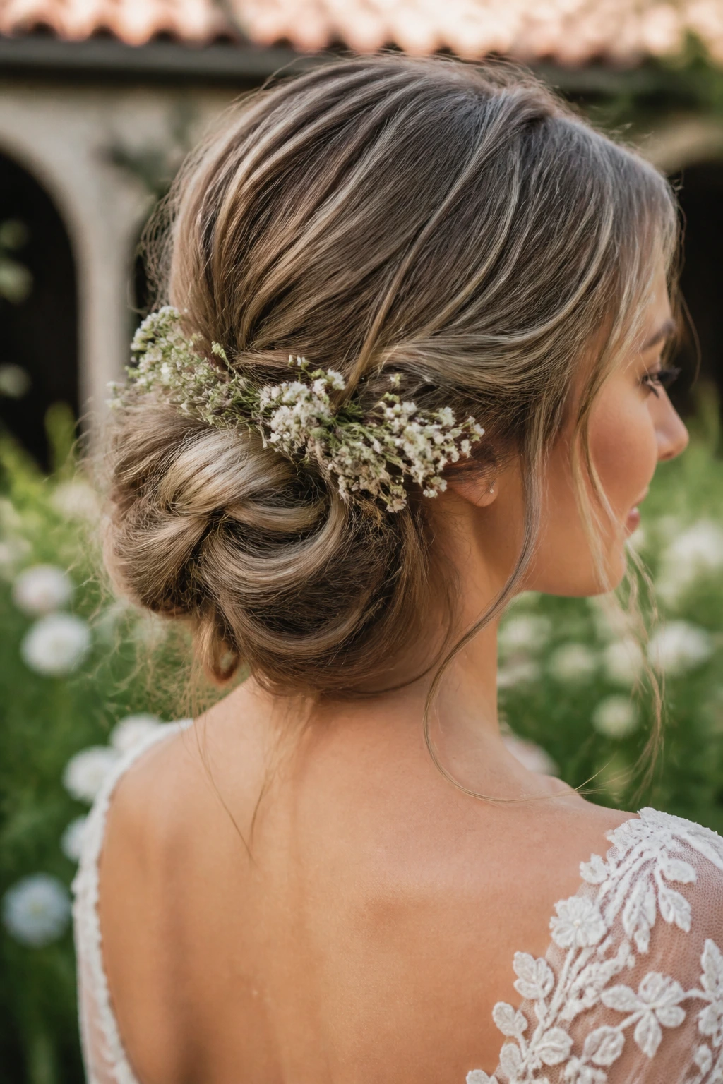 Close-up of a real bride with a messy low bun and baby's breath.