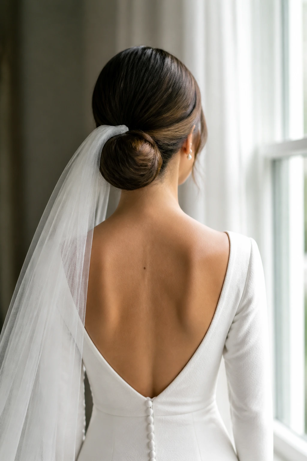 Back view of bride with sleek low bun and veil detail against a wedding dress back