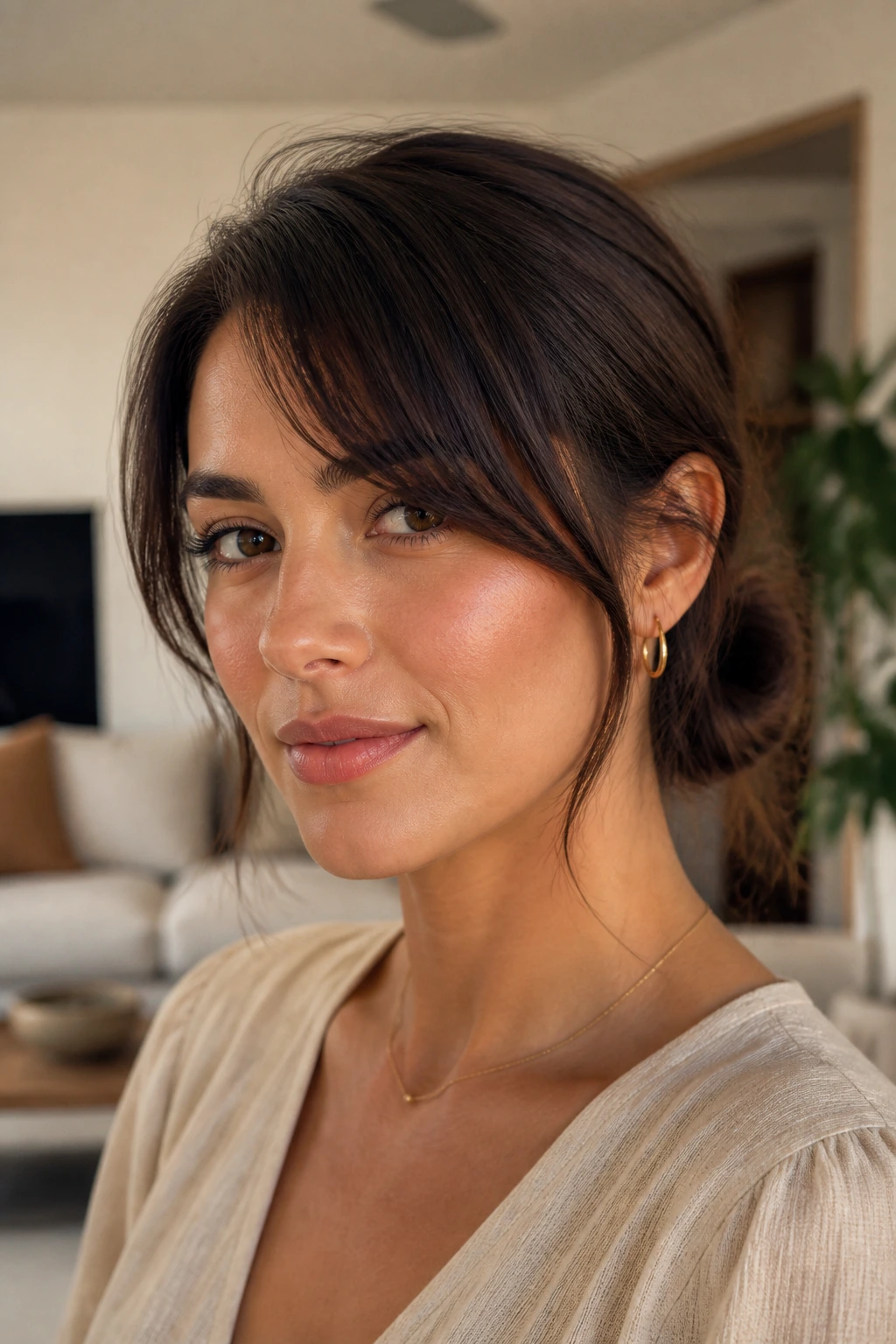 Portrait of a person with side bangs and a low bun