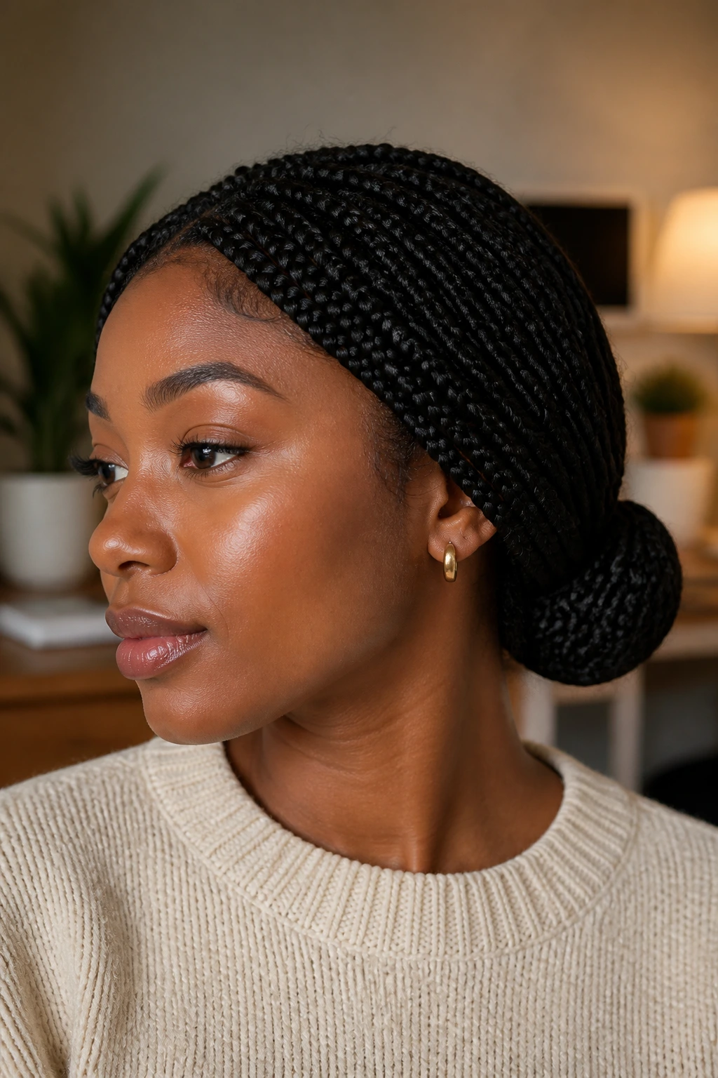 Portrait of woman with low bun bob box braids at the nape