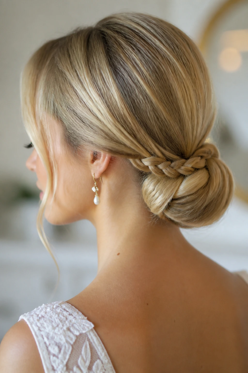 Close-up of a real bride's low bun with a braid detail in soft bridal light