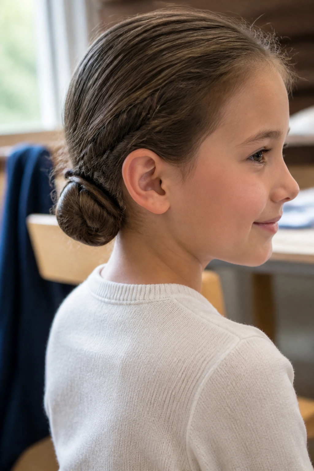 Close-up of a young girl with a low braided bun at the nape in a classroom setting