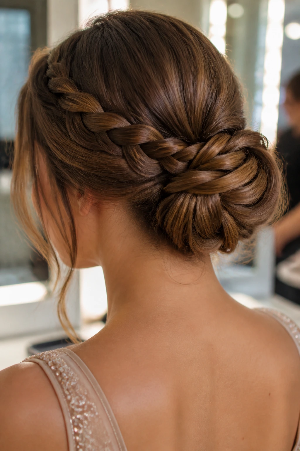 Rear view of a real woman with a low bun and braided wrap.