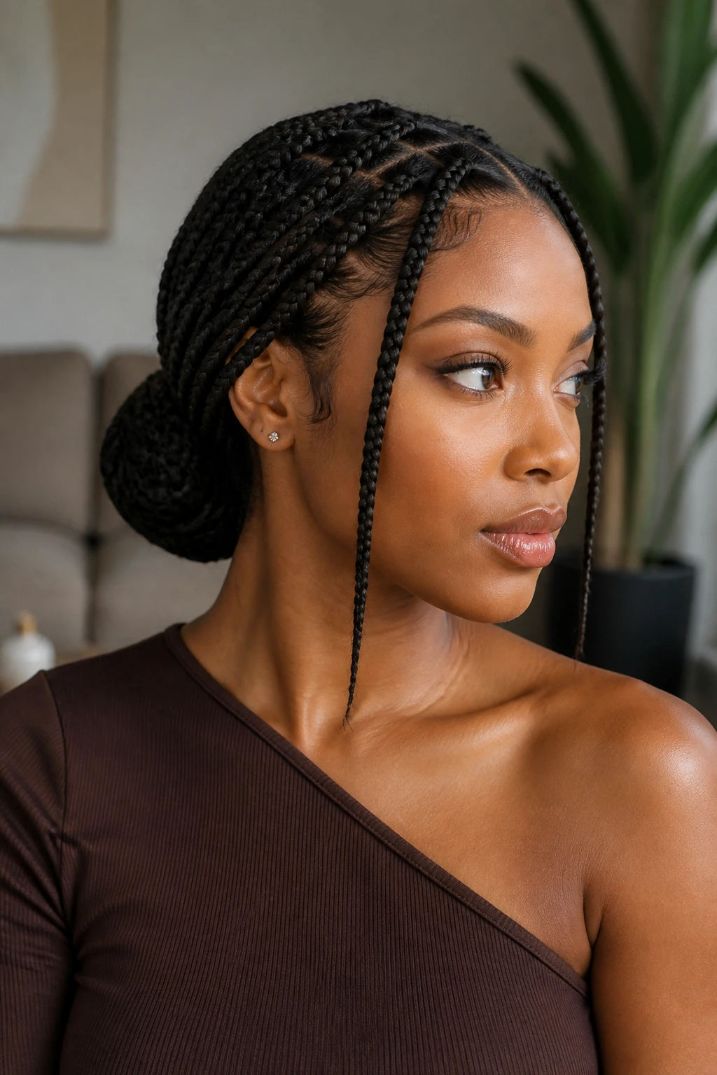 Close-up of a real woman with a low bun at the nape of the neck