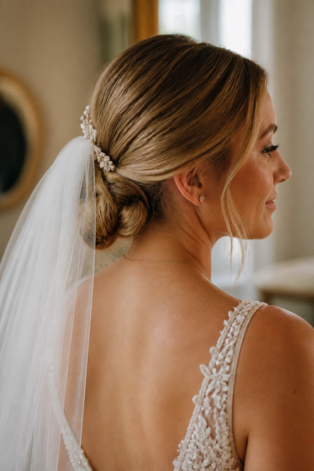 Close-up of a bride with a low bun at the nape and visible neckline