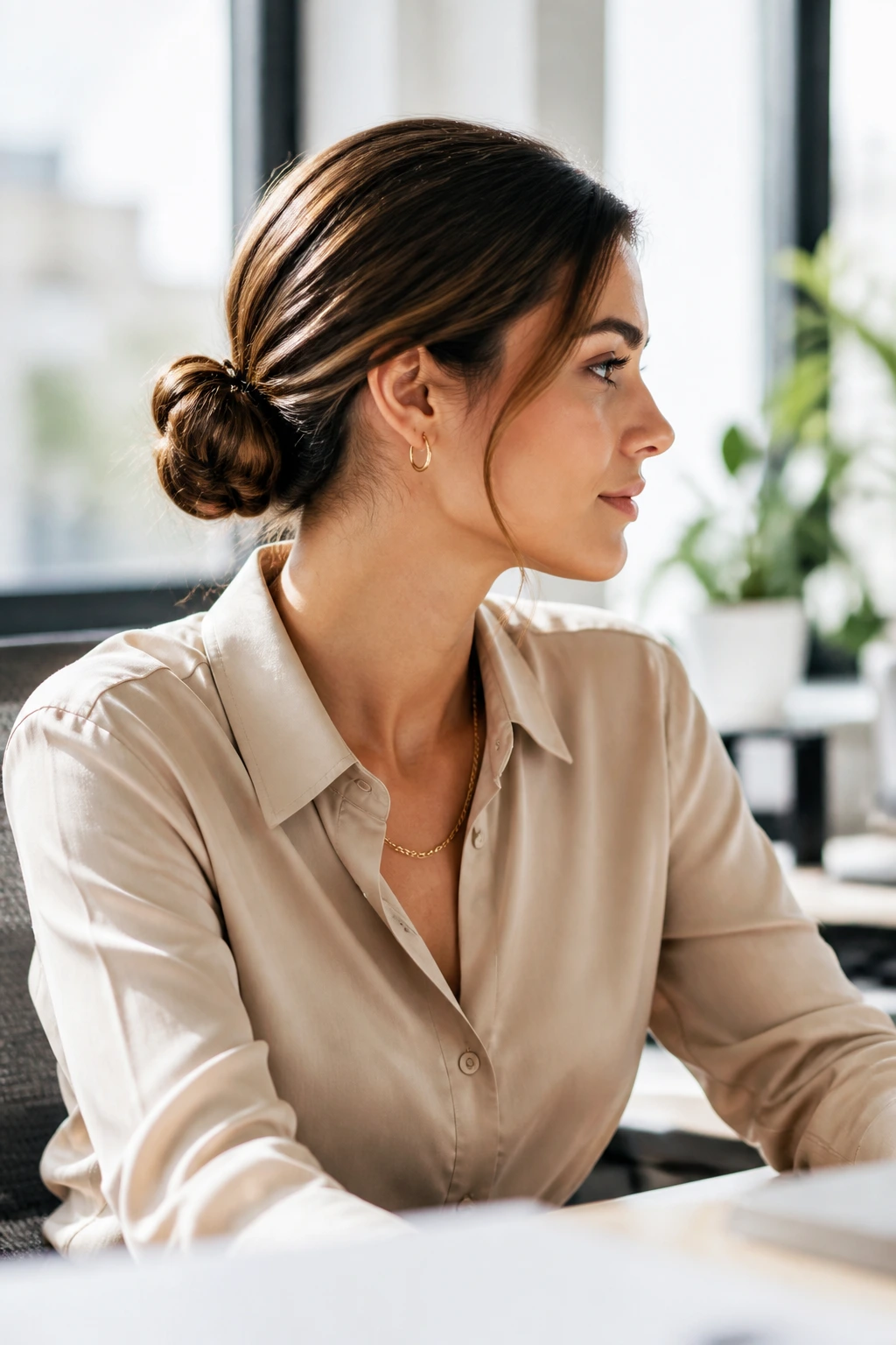 Real woman with a compact low bun at a desk in a sunlit office setting.