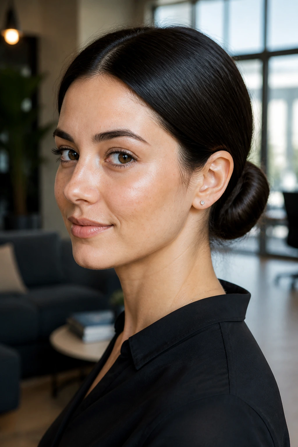 Close-up portrait of a real woman with a low center-part bun at the nape