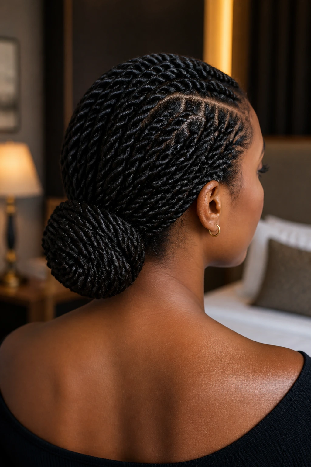 Rear view close-up of a real woman with a low chignon Havana twists at the nape