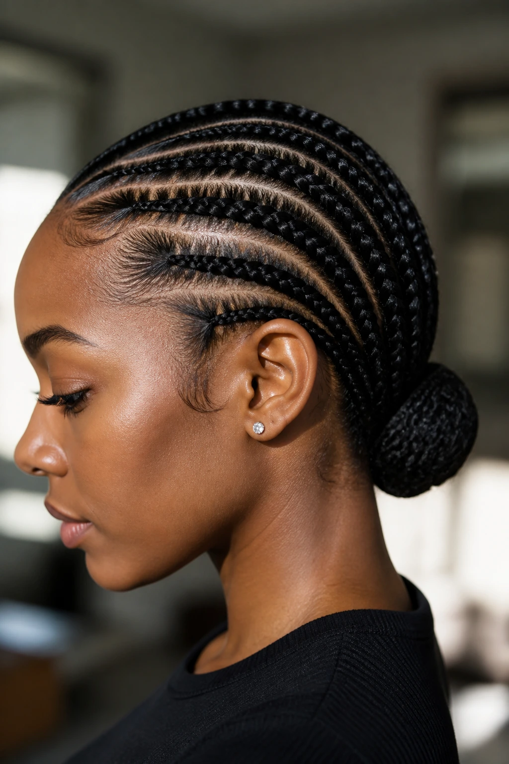 Close-up of a real woman with a low bun cornrows and a small bun at the nape