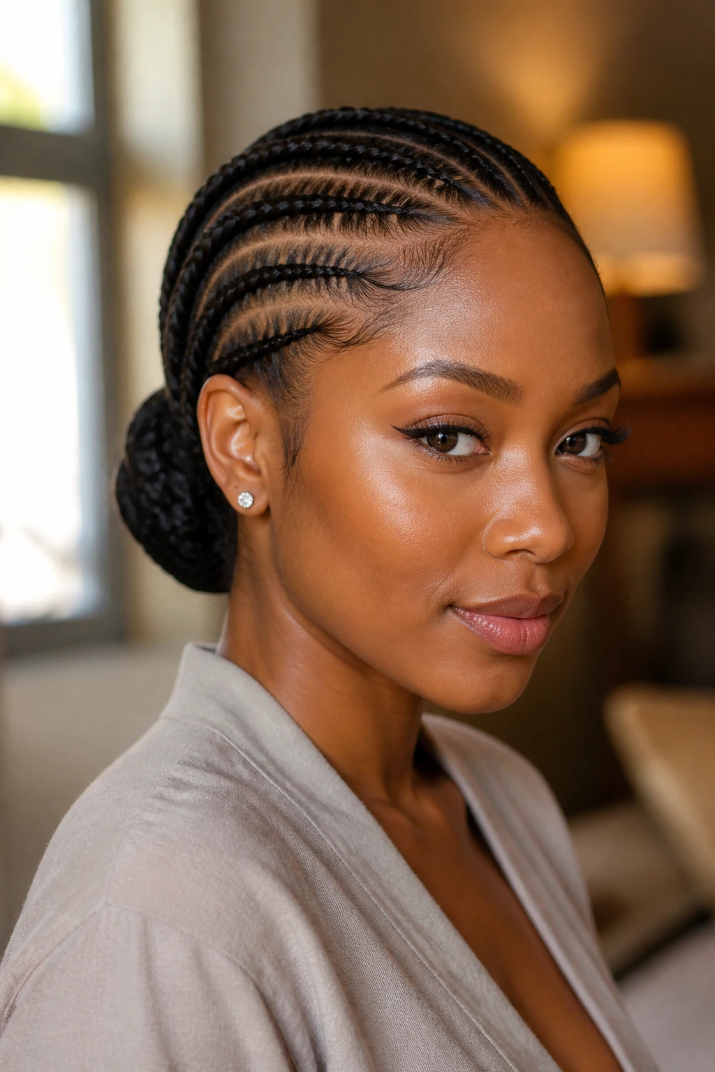 Close-up of a real Black woman with a neat low-bun cornrow hairstyle at the nape in warm natural light