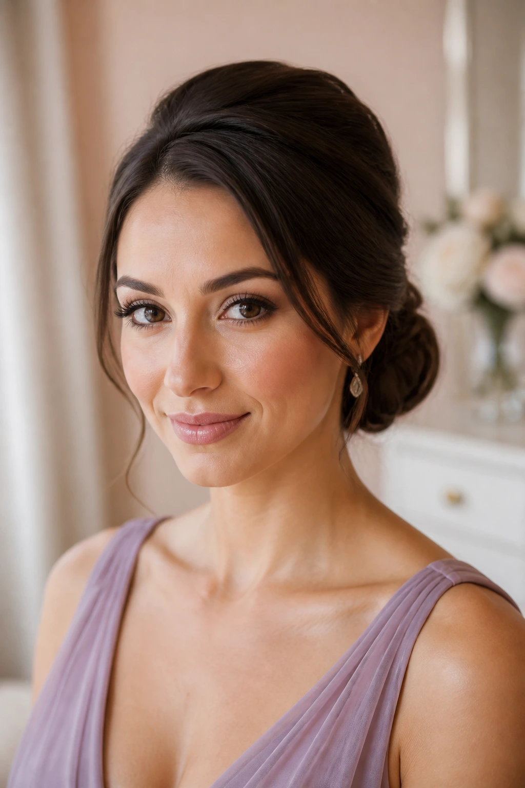 Close-up of a real woman with a crown puff and low bun in a bridal suite