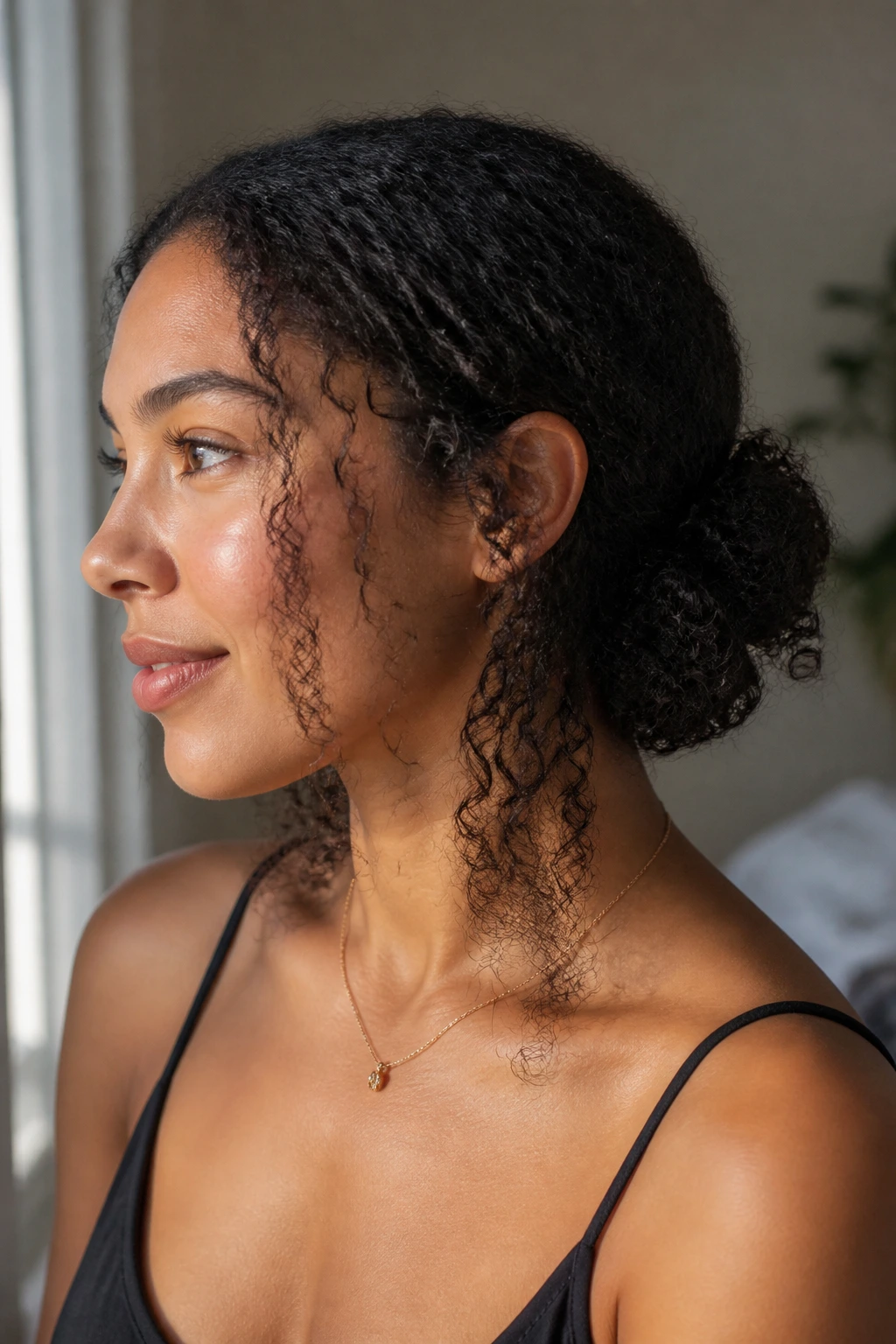 Real person with a low bun and curly ends left loose, 3b curls visible