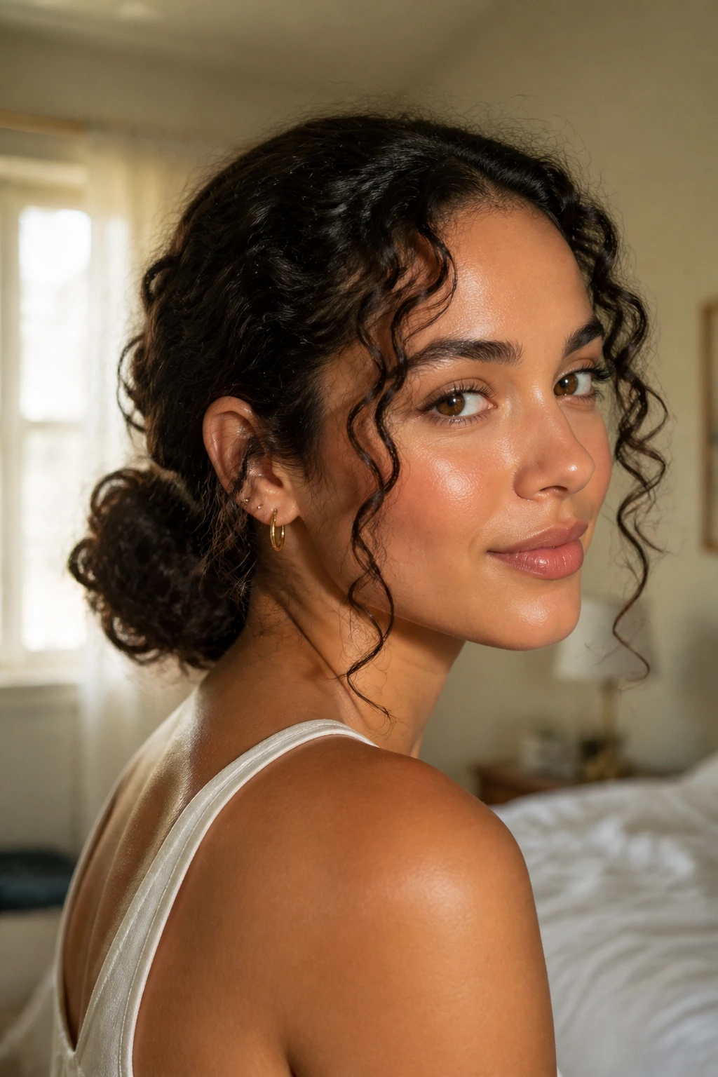 Close-up of a real woman with a low curly bun and face-framing pieces in warm window light