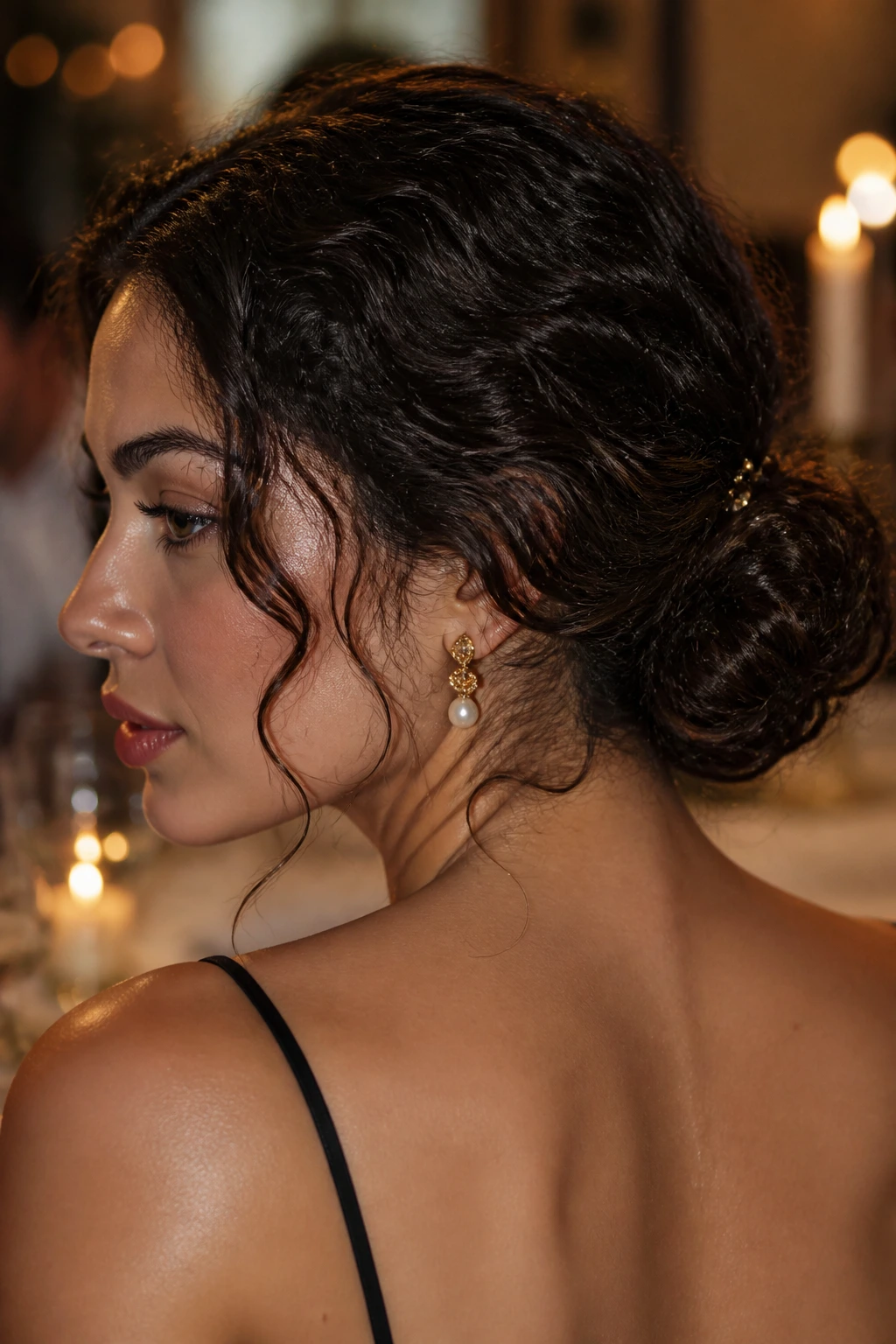 Low Curly Bun with Tendrils close-up portrait showing tendrils framing the face