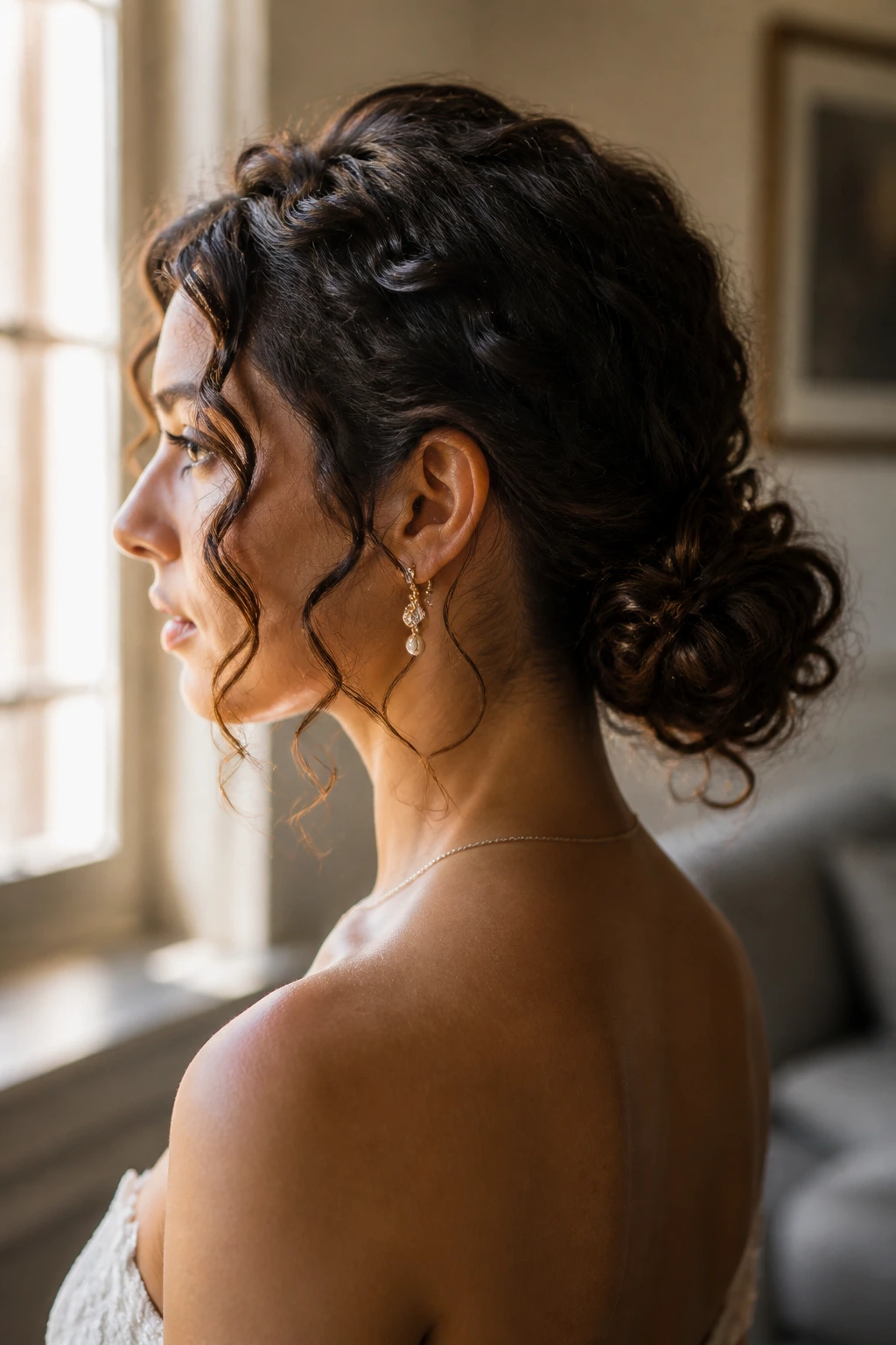 Bride with a low bun and curling tendrils around the face.