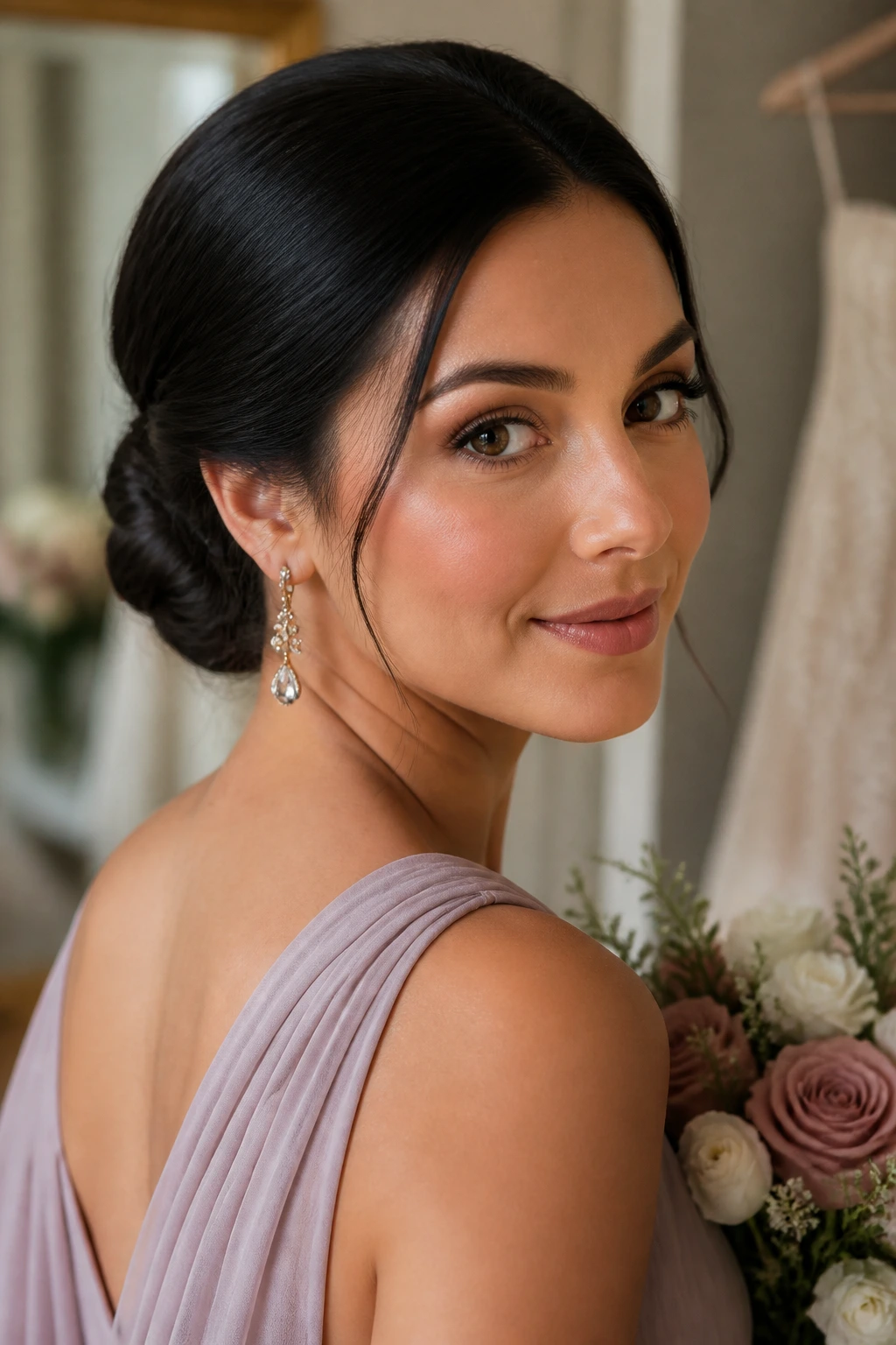 Close-up of a real woman wearing a sleek low bun with earrings in a bridal setting