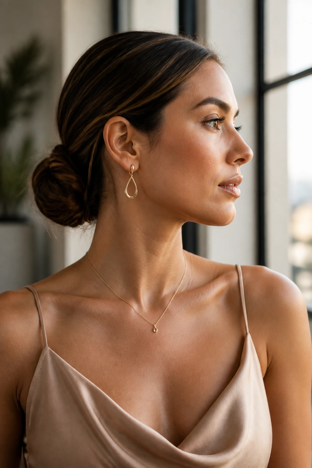 Portrait of woman with sleek low bun, visible earrings, and neckline.