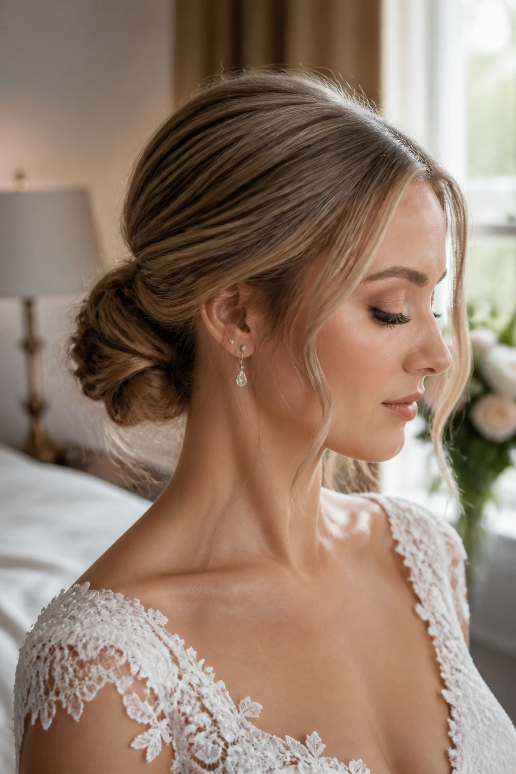 Bride with soft textured low bun and face-framing pieces