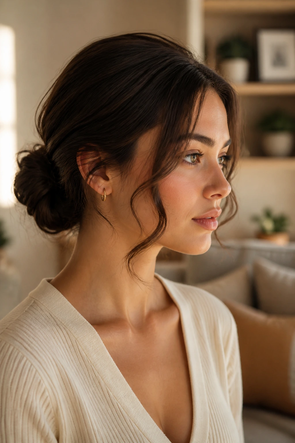 Close-up of a real person with a low bun and bendy face-framing pieces around the cheek.