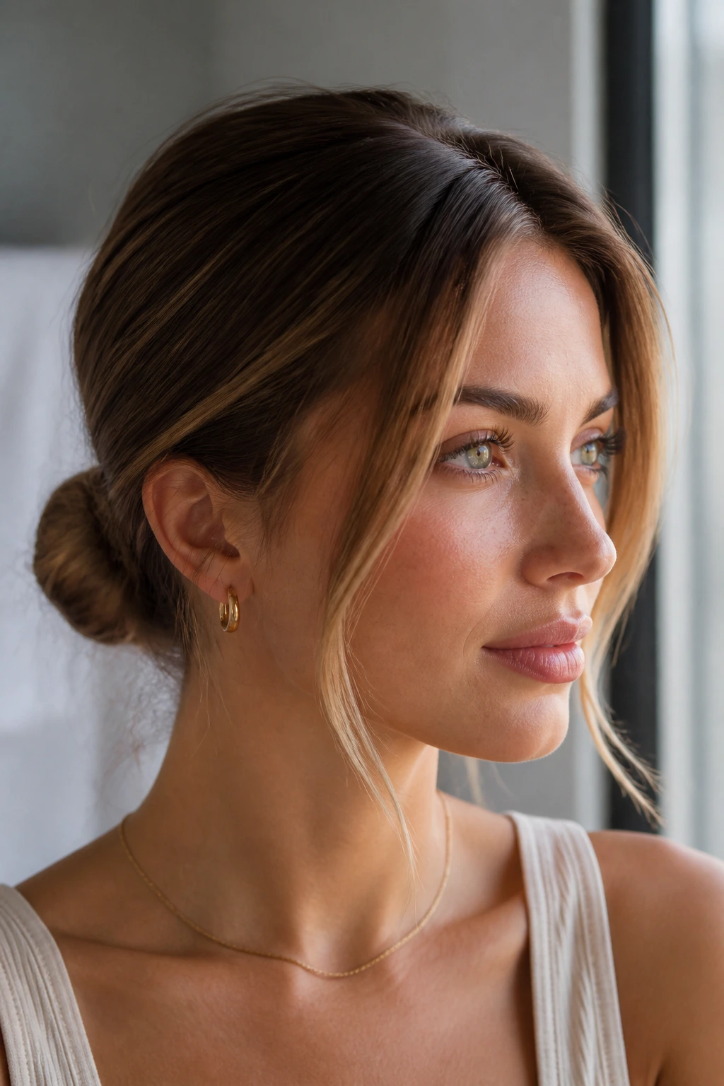 Portrait of woman with sleek low bun and face-framing pieces