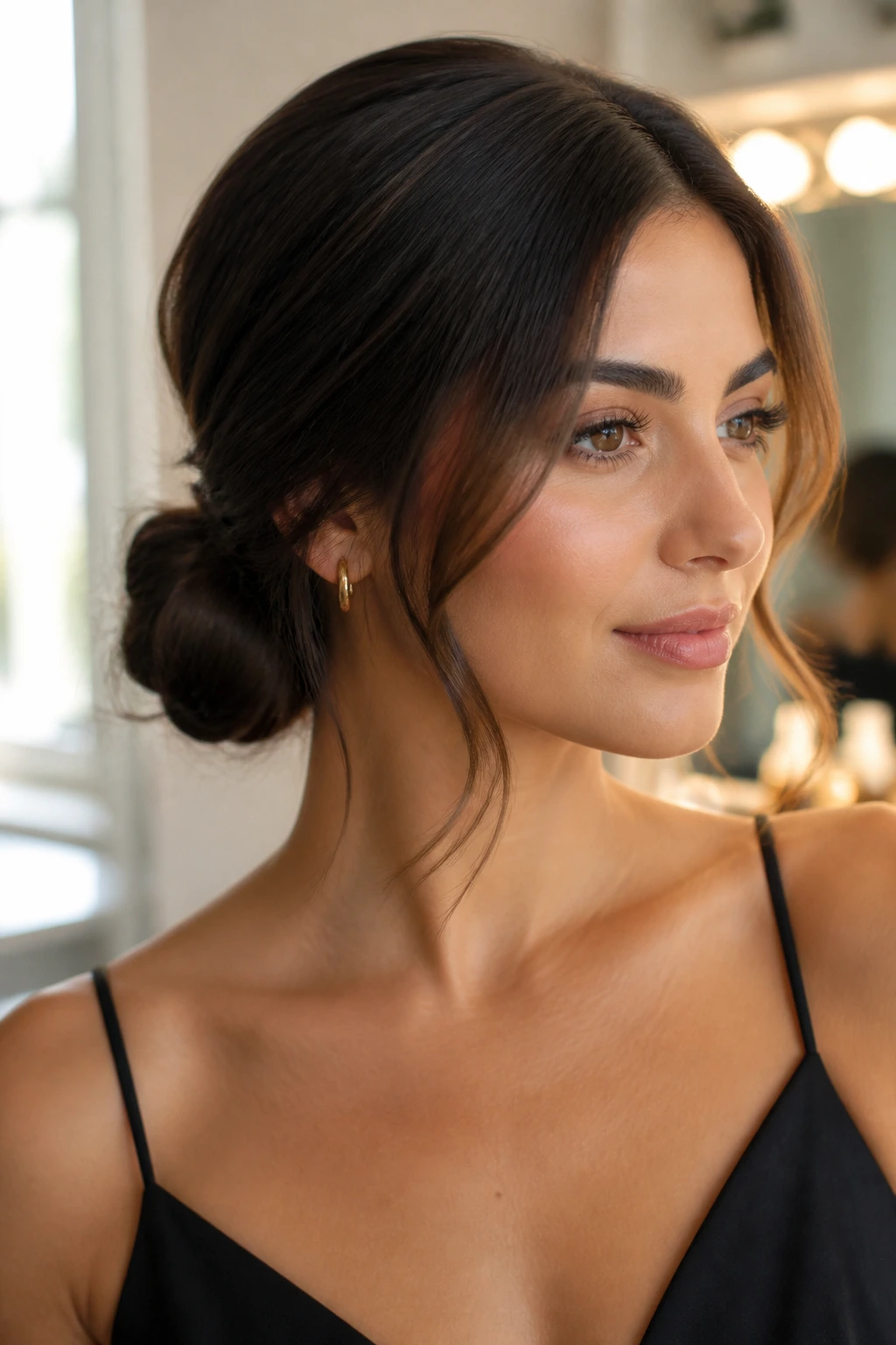 Close-up of a real woman with a low bun and face-framing pieces