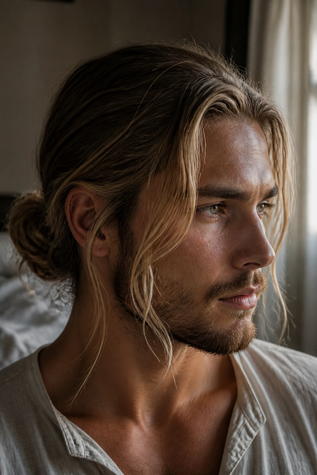 Close-up of real person with a low bun and face-framing strands, soft window light