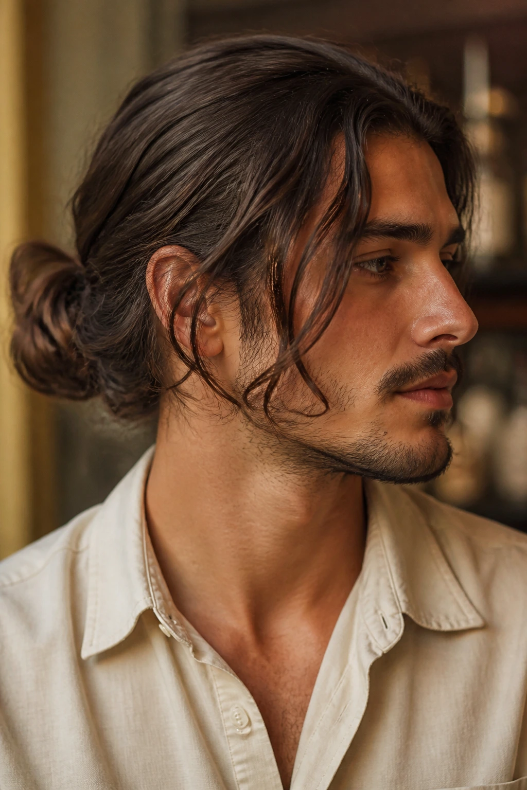 Close-up of a man with a low bun at the nape and face-framing pieces