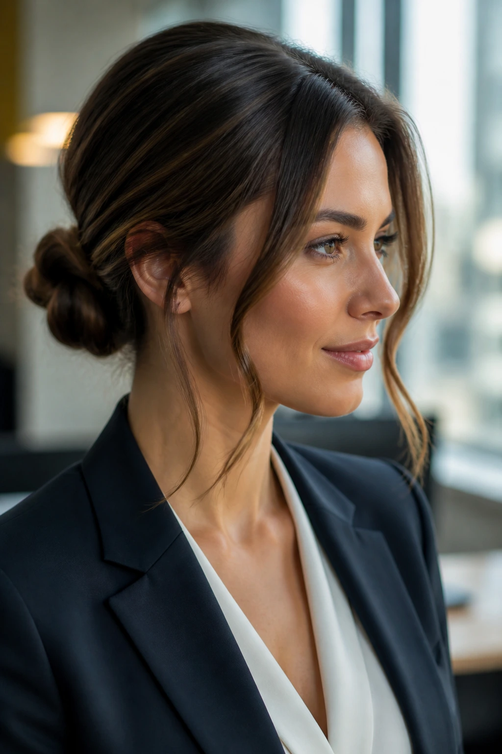 Portrait of a woman with a polished low bun and face-framing pieces.