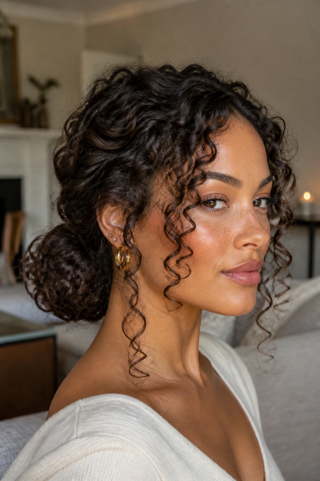Close-up portrait of a real person with a low bun and defined face-framing curls